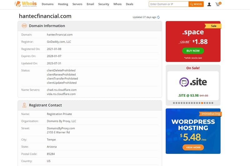 Hantec Financial domain name registration time on whois