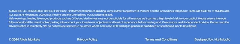 ALTAIR MARKETS claims its registration location is Saint Vincent and the Grenadines