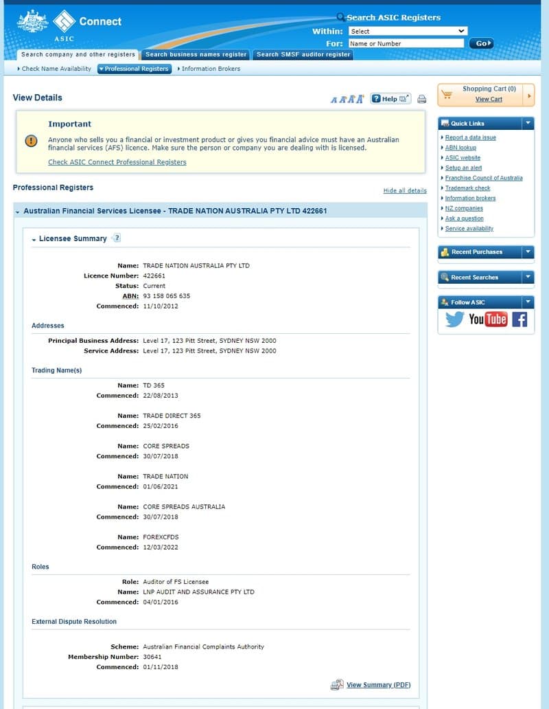 Trade Nation's Australian ASIC regulatory lookup