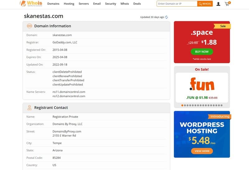 SKANESTAS domain registration time on whois