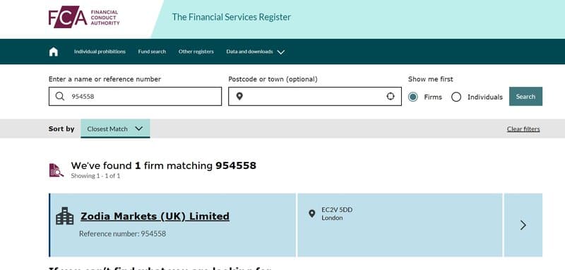 Zodia Markets' FCA regulatory information