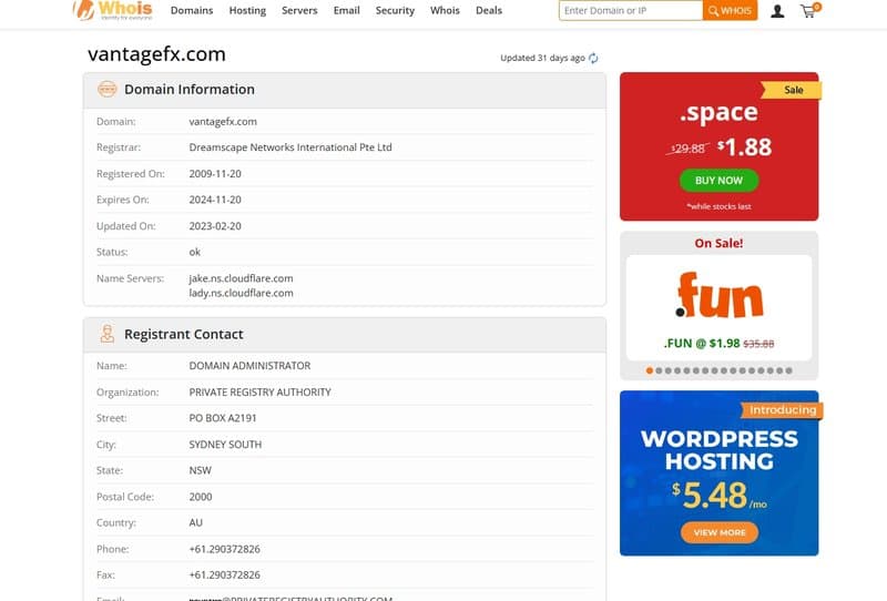 Vantage in whois domain registration time