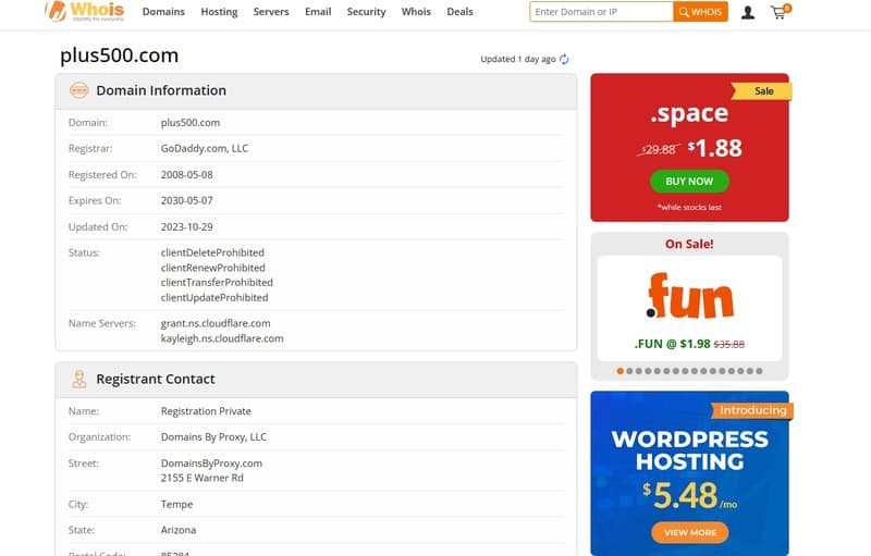 Plus500's domain registration time on whois