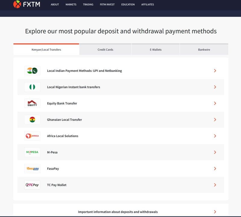 Deposit and Withdrawal Methods