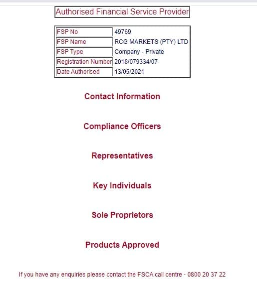 RCG Markets FSCA Inquiry