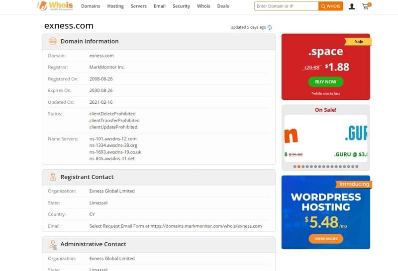 Exness domain registration time