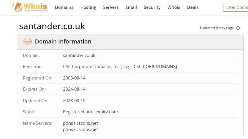 santander Whois registration