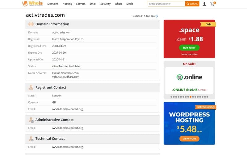 ActivTrades Domain Registration Time on WHOIS