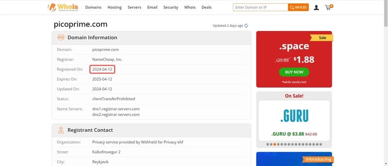 Pico Prime's domain registration time