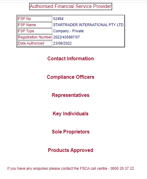 STARTRADER FSCA Query