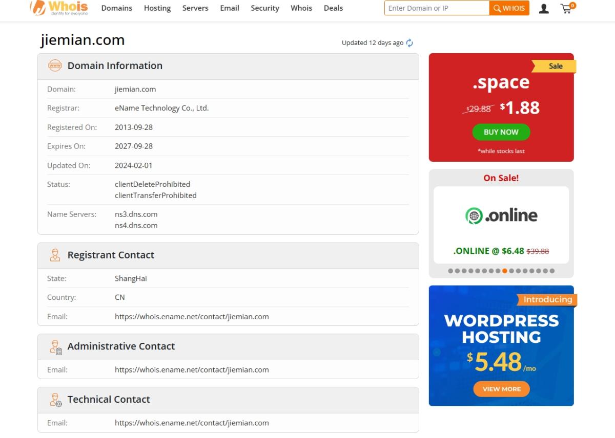 Tonghuashun Finance's WHOIS domain registration time