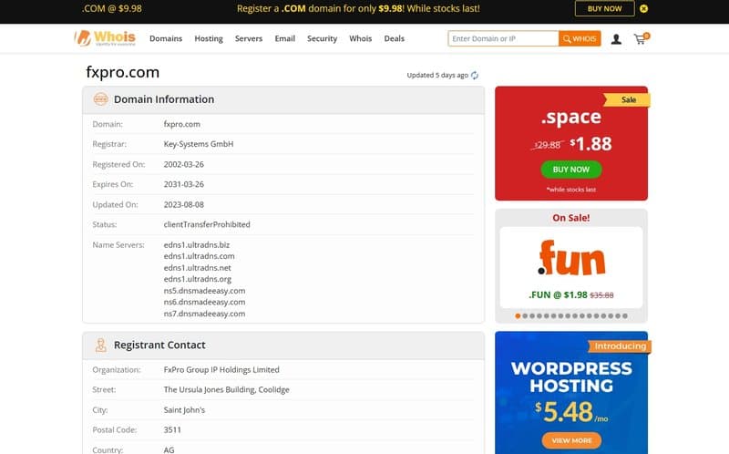 FxPro's domain registration time on WHOIS