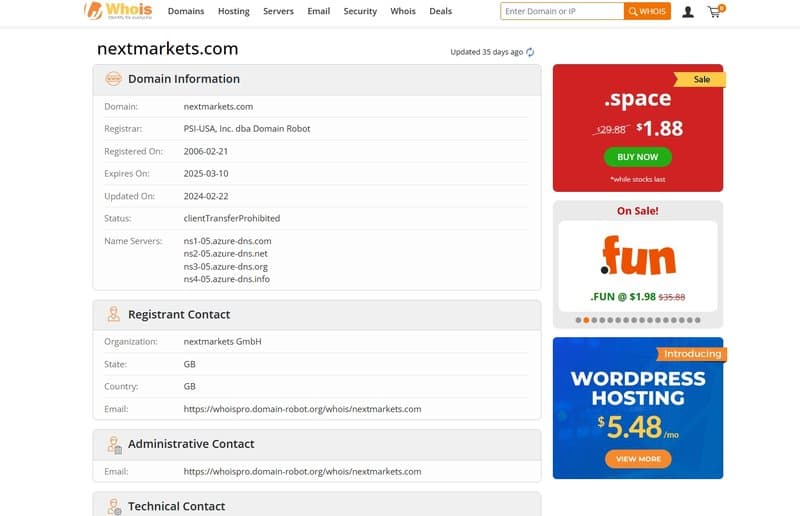 Nextmarkets on Whois domain registration time