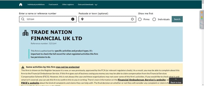 Trade Nation's UK FCA regulatory lookup