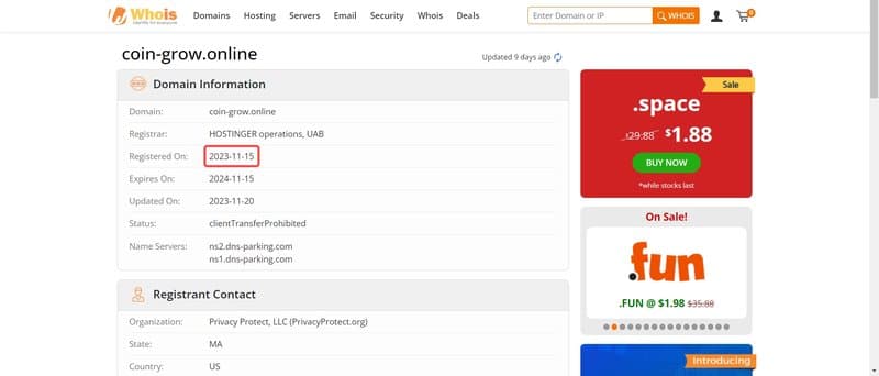 COIN GROW INVESTMENT's domain registration date