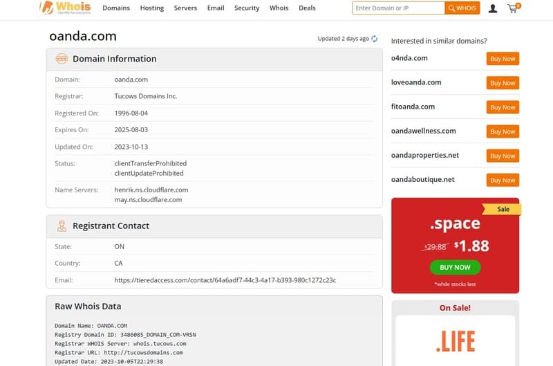 OANDA domain registration time on whois