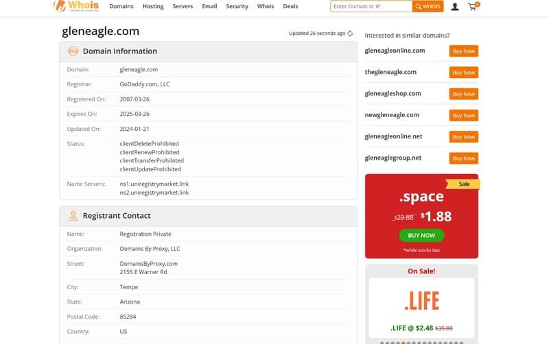 Gleneagle in whois domain registration time
