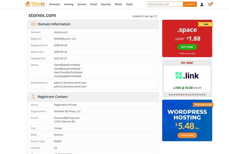 StoneX Whois Domain Registration Time