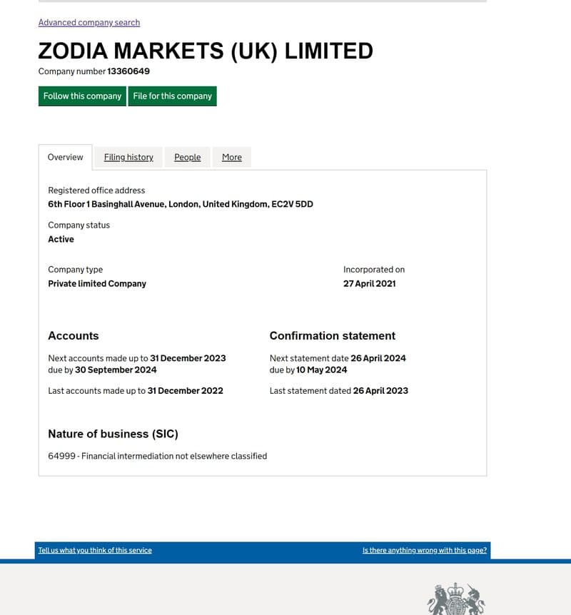 Zodia Markets' UK registration information