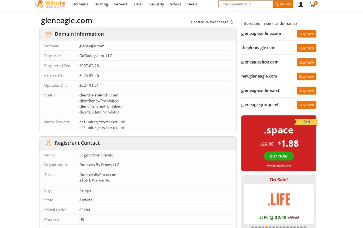 Gleneagle在whois域名注册时间